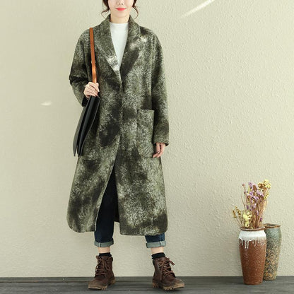Women Green Autumn Winter Retro Lapel Long Sleeve Pockets Long Coat