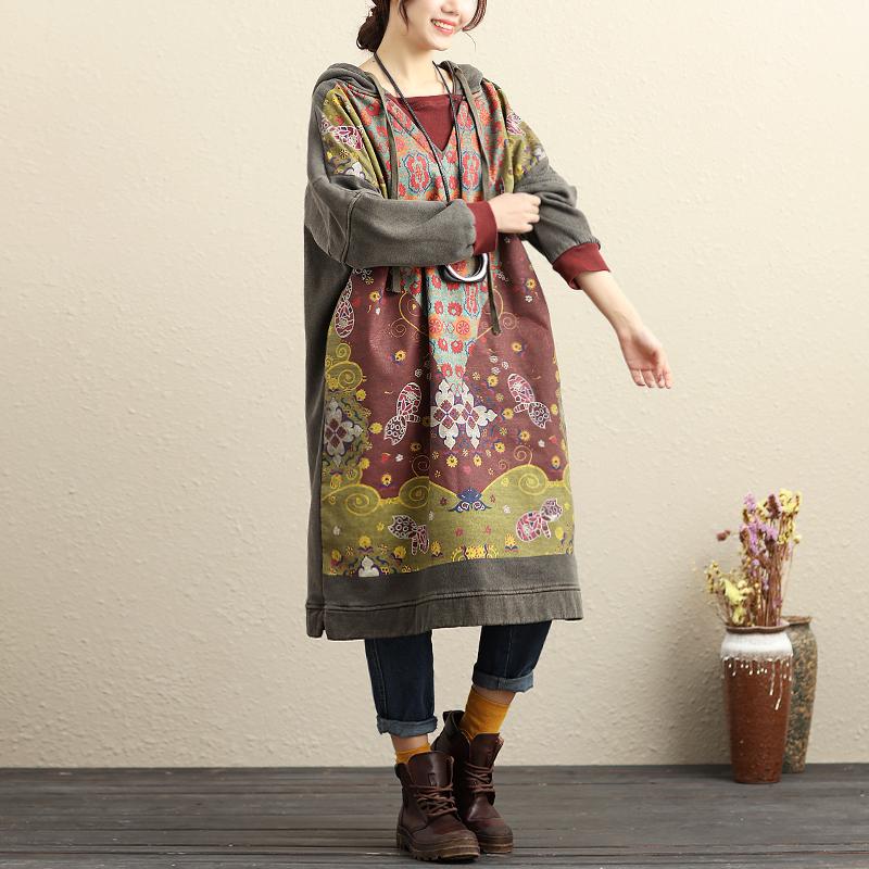 Winter Hooded Long Sleeve Printing Gray Thick Dresses For Women