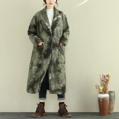 Women Green Autumn Winter Retro Lapel Long Sleeve Pockets Long Coat