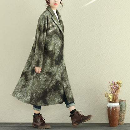 Women Green Autumn Winter Retro Lapel Long Sleeve Pockets Long Coat