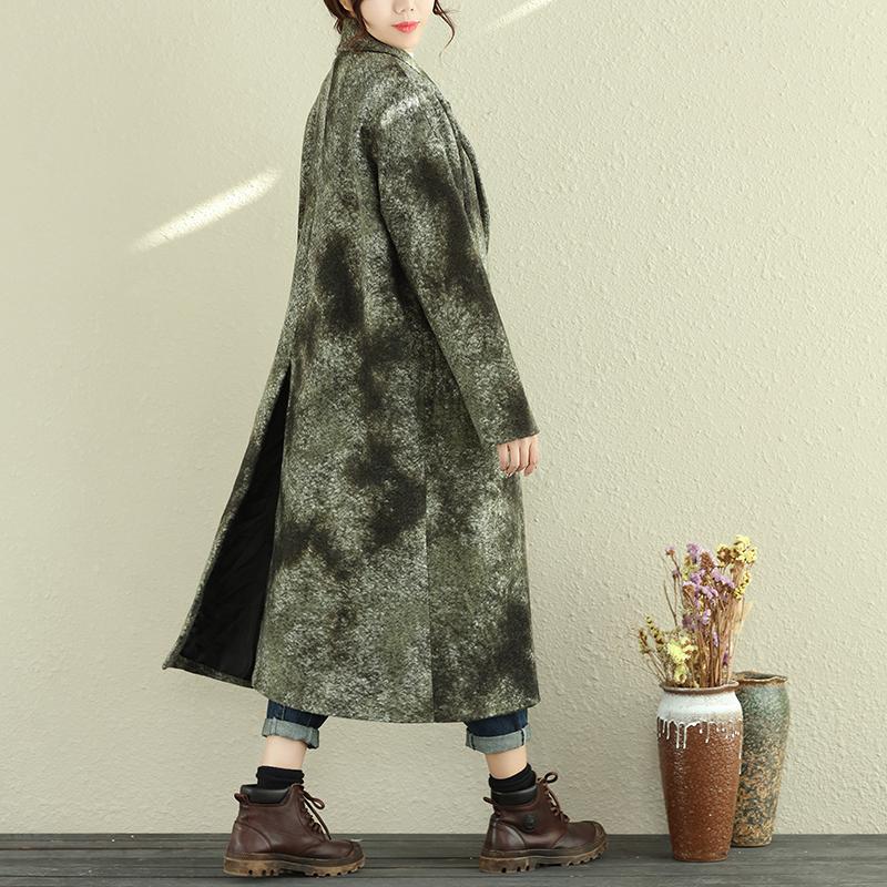 Women Green Autumn Winter Retro Lapel Long Sleeve Pockets Long Coat