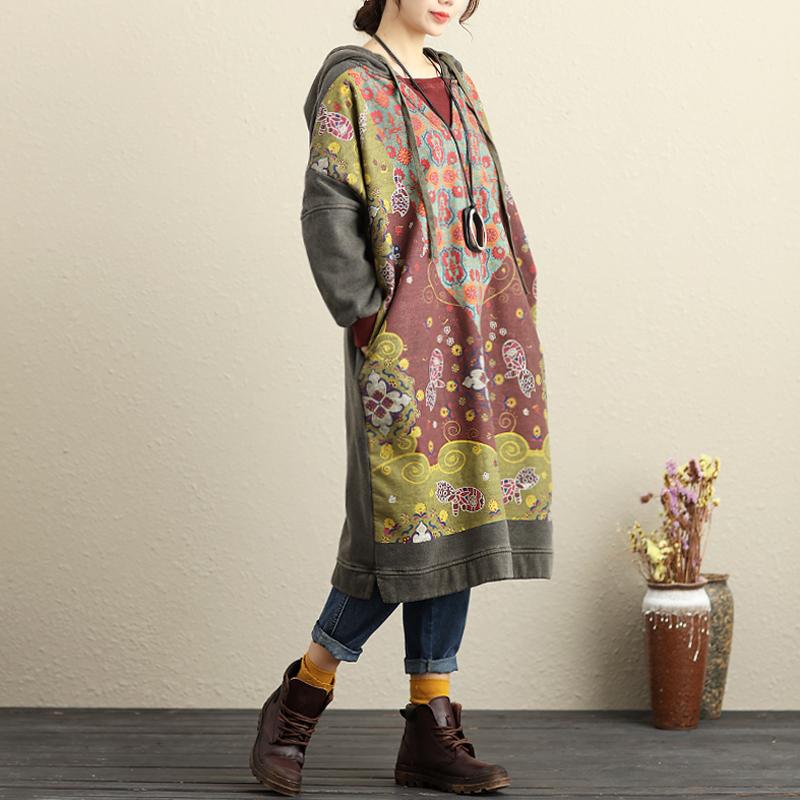 Winter Hooded Long Sleeve Printing Gray Thick Dresses For Women