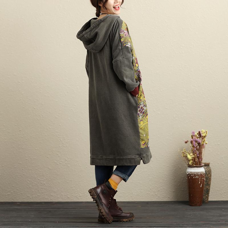 Winter Hooded Long Sleeve Printing Gray Thick Dresses For Women
