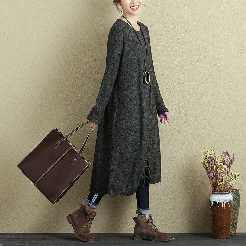 Women Round Neck Long Sleeve Pleated Casual Dress