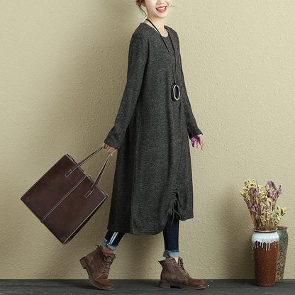 Women Round Neck Long Sleeve Pleated Casual Dress