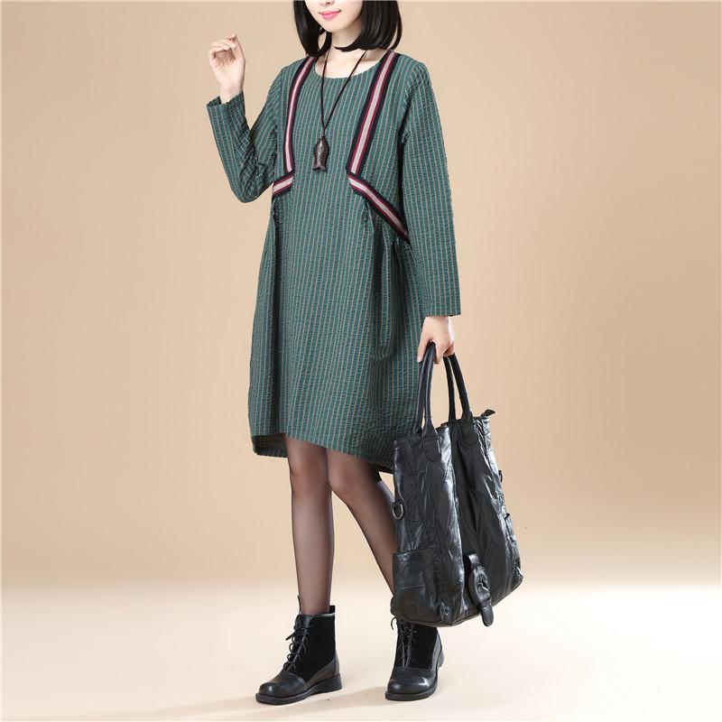 Casual Women Stripe Pleated Long Sleeves Green Dress