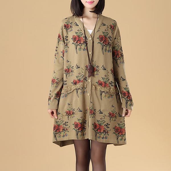 Women Printing Lace Single Breasted Long Sleeve Sweater Dress