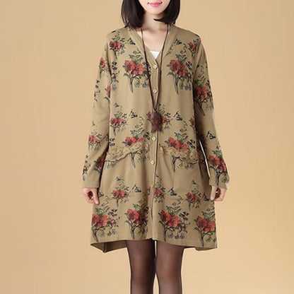 Women Printing Lace Single Breasted Long Sleeve Sweater Dress