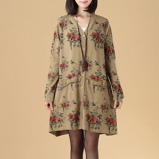Women Printing Lace Single Breasted Long Sleeve Sweater Dress