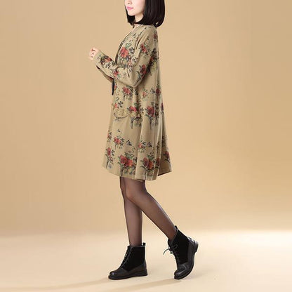 Women Printing Lace Single Breasted Long Sleeve Sweater Dress