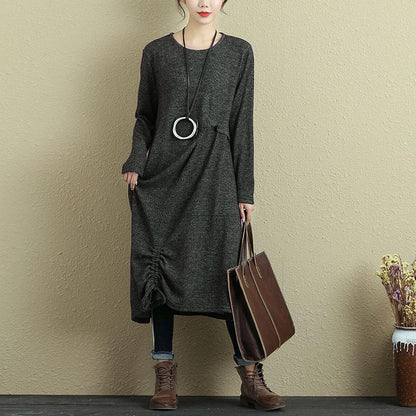 Women Round Neck Long Sleeve Pleated Casual Dress