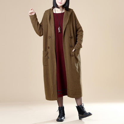 Women Pockets Buttons Long Sleeve Hoodies Coffee Coat