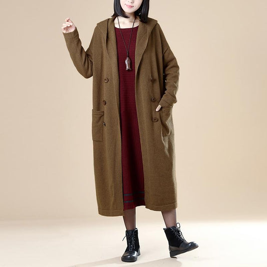 Women Pockets Buttons Long Sleeve Hoodies Coffee Coat