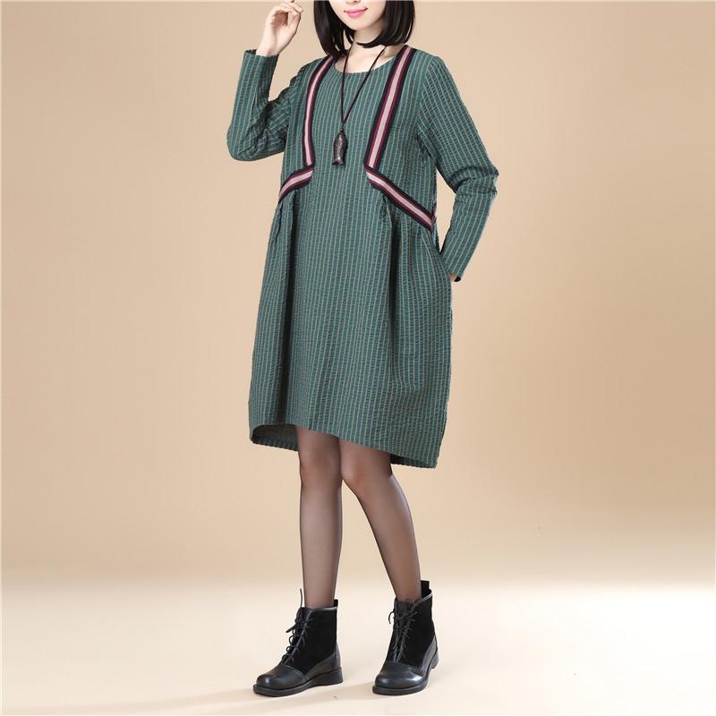 Casual Women Stripe Pleated Long Sleeves Green Dress
