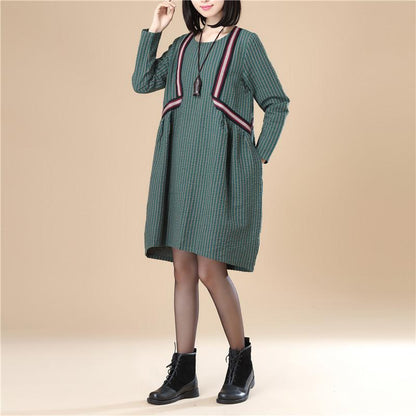 Casual Women Stripe Pleated Long Sleeves Green Dress