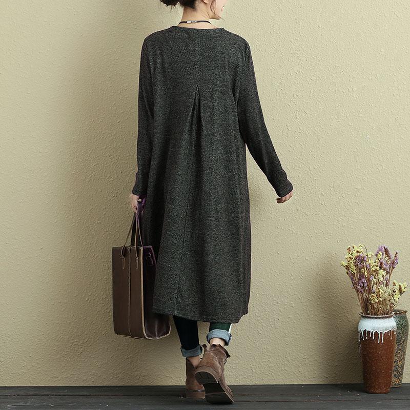 Women Round Neck Long Sleeve Pleated Casual Dress