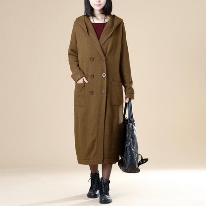 Women Pockets Buttons Long Sleeve Hoodies Coffee Coat