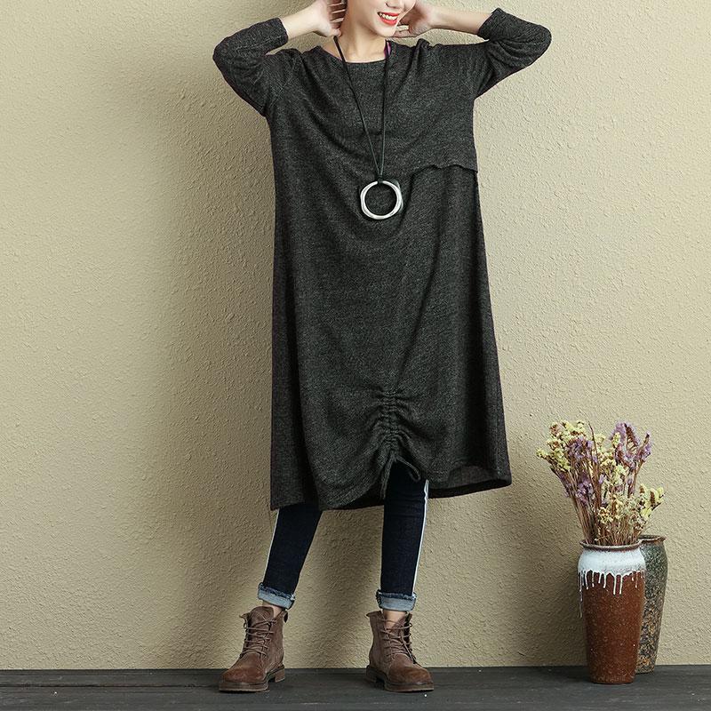 Women Round Neck Long Sleeve Pleated Casual Dress