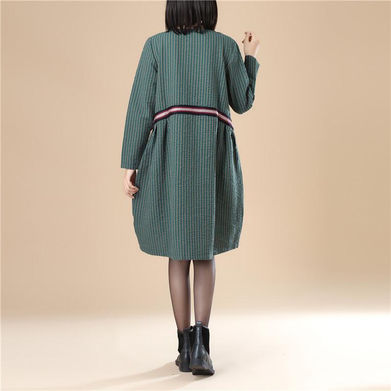 Casual Women Stripe Pleated Long Sleeves Green Dress