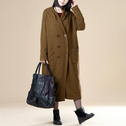 Women Pockets Buttons Long Sleeve Hoodies Coffee Coat