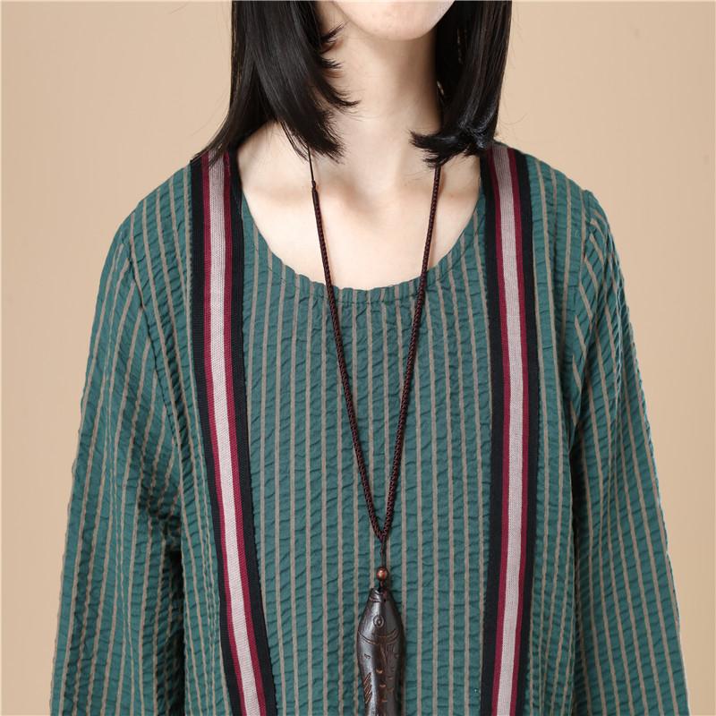 Casual Women Stripe Pleated Long Sleeves Green Dress