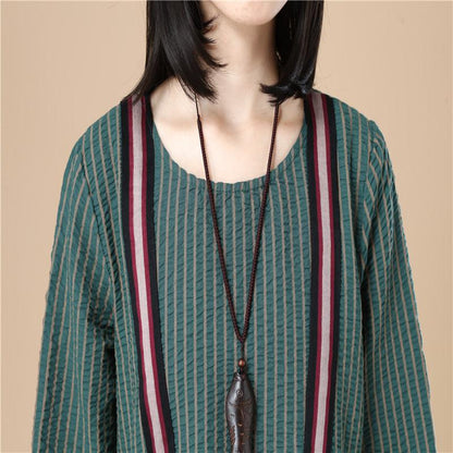 Casual Women Stripe Pleated Long Sleeves Green Dress