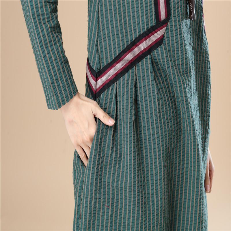Casual Women Stripe Pleated Long Sleeves Green Dress
