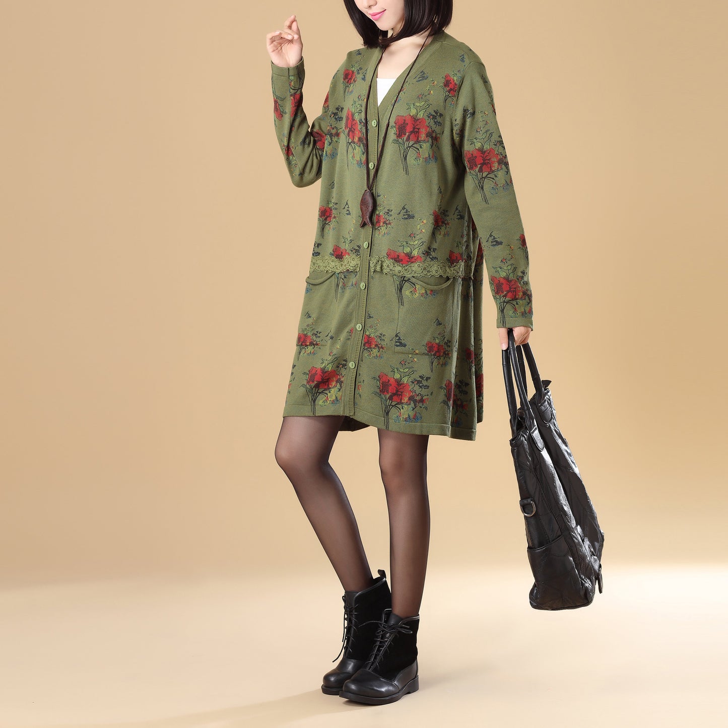 Women Printing Lace Single Breasted Long Sleeve Sweater Dress