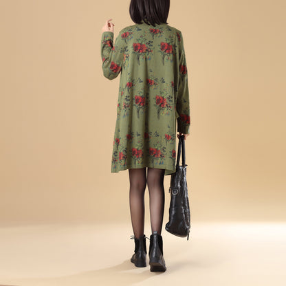 Women Printing Lace Single Breasted Long Sleeve Sweater Dress