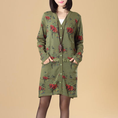 Women Printing Lace Single Breasted Long Sleeve Sweater Dress
