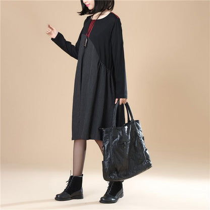Stripe Splicing Pleated Stylish Women Long Sleeves Black Dress