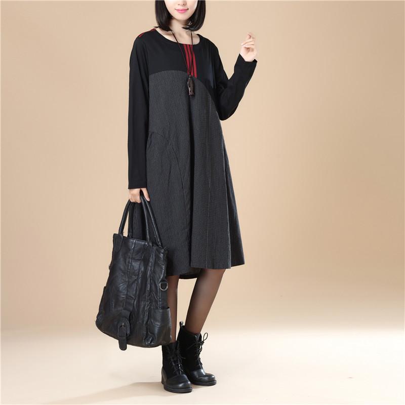 Stripe Splicing Pleated Stylish Women Long Sleeves Black Dress