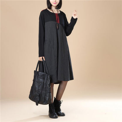 Stripe Splicing Pleated Stylish Women Long Sleeves Black Dress