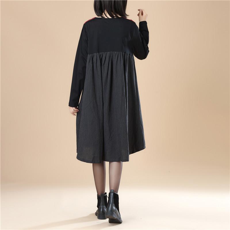 Stripe Splicing Pleated Stylish Women Long Sleeves Black Dress