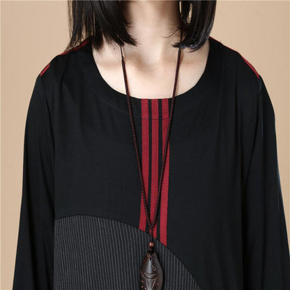 Stripe Splicing Pleated Stylish Women Long Sleeves Black Dress