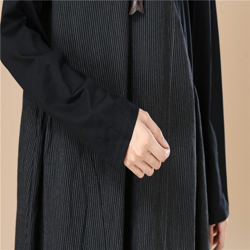 Stripe Splicing Pleated Stylish Women Long Sleeves Black Dress