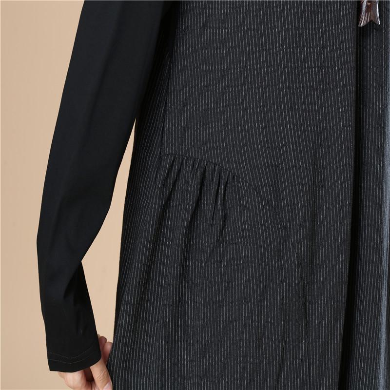 Stripe Splicing Pleated Stylish Women Long Sleeves Coffee Dress