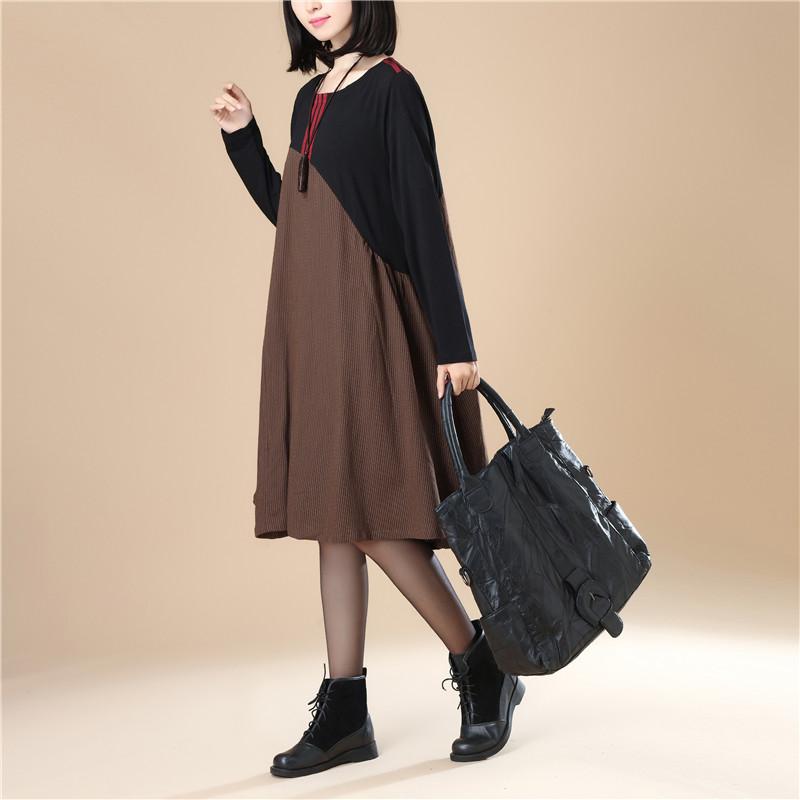 Stripe Splicing Pleated Stylish Women Long Sleeves Coffee Dress