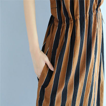 Stripe Women Loose Summer Irregular Splitting String Wine Red Dress