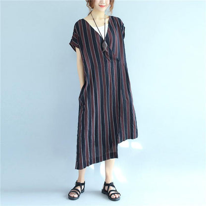Stripe Women Loose Summer Irregular Splitting String Wine Red Dress
