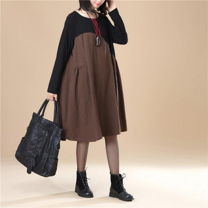 Stripe Splicing Pleated Stylish Women Long Sleeves Coffee Dress