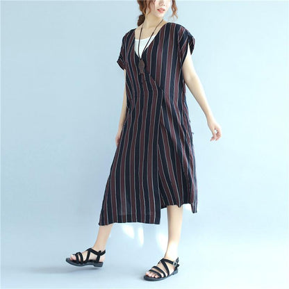 Stripe Women Loose Summer Irregular Splitting String Wine Red Dress