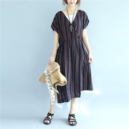 Stripe Women Loose Summer Irregular Splitting String Wine Red Dress