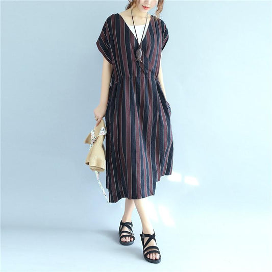 Stripe Women Loose Summer Irregular Splitting String Wine Red Dress