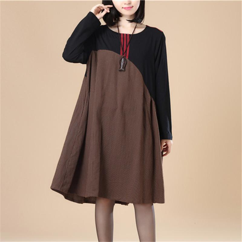 Stripe Splicing Pleated Stylish Women Long Sleeves Coffee Dress