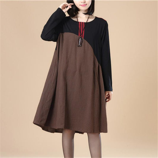 Stripe Splicing Pleated Stylish Women Long Sleeves Coffee Dress