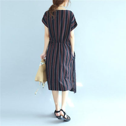 Stripe Women Loose Summer Irregular Splitting String Wine Red Dress