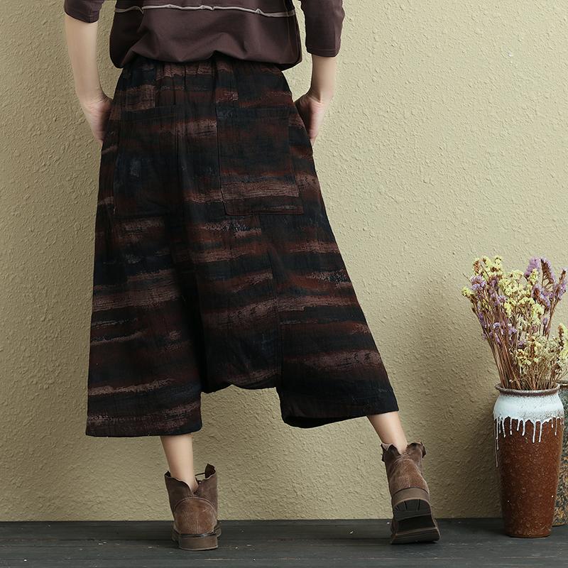 Women Ethnic Loose Cotton Linen Printing Wide Leg Pants