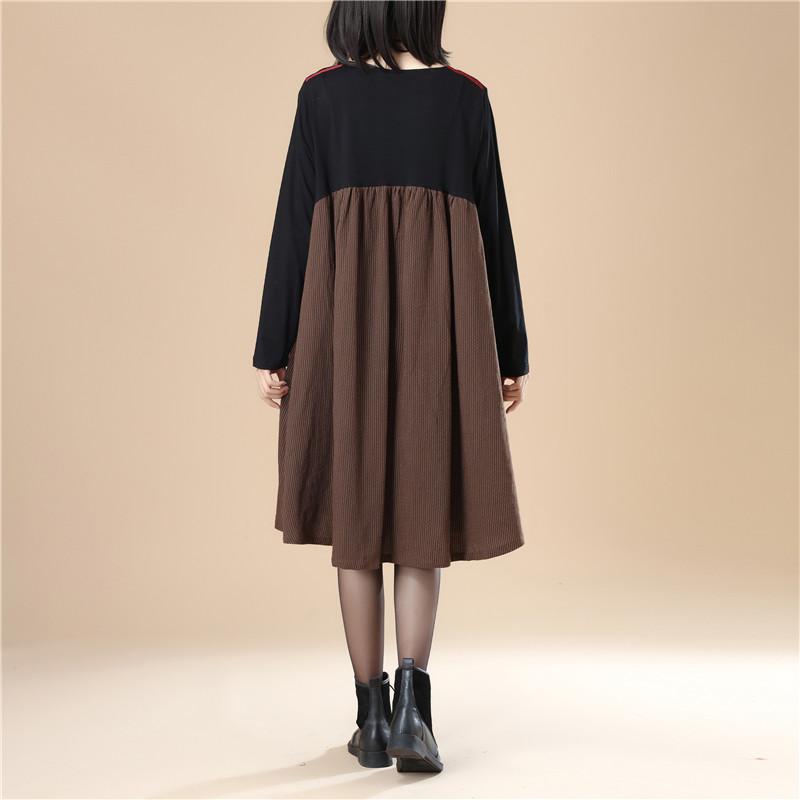Stripe Splicing Pleated Stylish Women Long Sleeves Coffee Dress