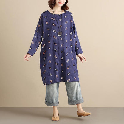 Cotton Floral Women Casual Loose  Round Collar Long Sleeves Blue Dress